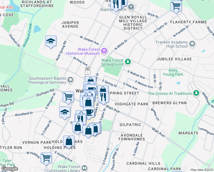 map of restaurants, bars, coffee shops, grocery stores, and more near 219 Caddel Street in Wake Forest