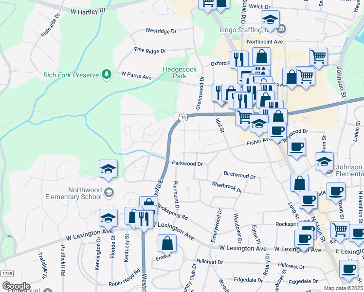 map of restaurants, bars, coffee shops, grocery stores, and more near 1907 Waldo Street in High Point