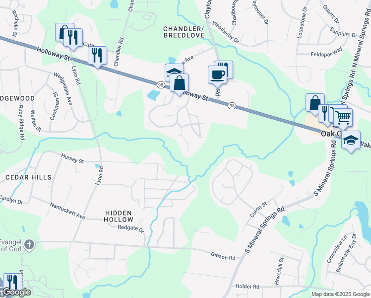 map of restaurants, bars, coffee shops, grocery stores, and more near 518 Farm House Lane in Durham