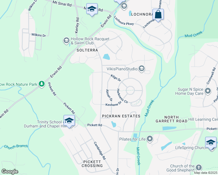 map of restaurants, bars, coffee shops, grocery stores, and more near 3610 Katie Lane in Durham