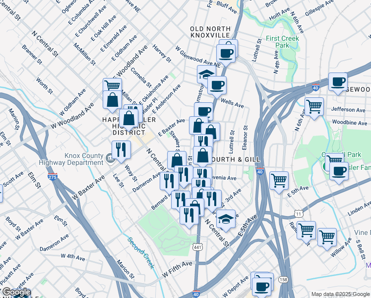 map of restaurants, bars, coffee shops, grocery stores, and more near 312 Silver Place in Knoxville