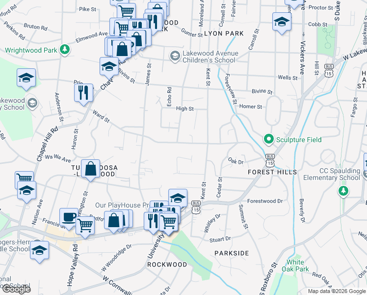 map of restaurants, bars, coffee shops, grocery stores, and more near 1509 Ward Street in Durham