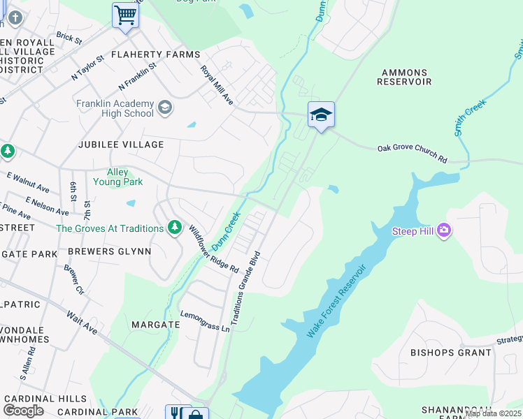 map of restaurants, bars, coffee shops, grocery stores, and more near Newquay Lane in Wake Forest