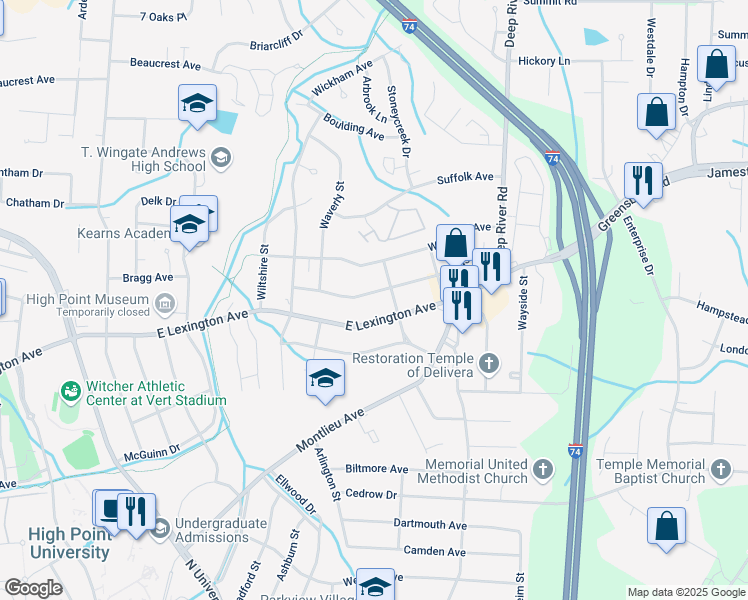 map of restaurants, bars, coffee shops, grocery stores, and more near 2422 Dallas Avenue in High Point