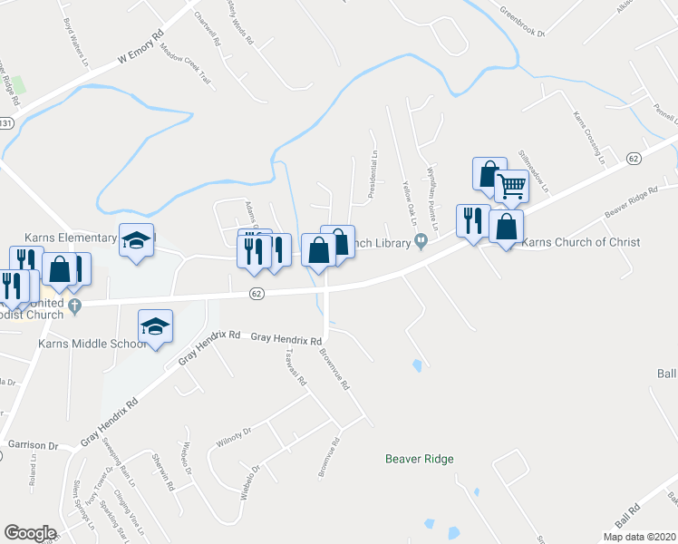 map of restaurants, bars, coffee shops, grocery stores, and more near 7544 Oak Ridge Highway in Knoxville