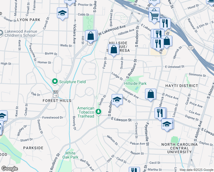 map of restaurants, bars, coffee shops, grocery stores, and more near 1312 South Street in Durham