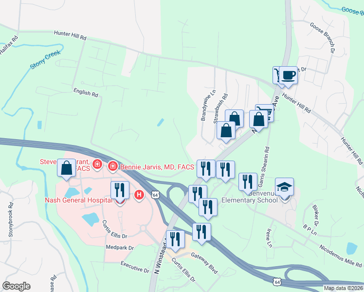 map of restaurants, bars, coffee shops, grocery stores, and more near Wellspring Drive in Rocky Mount