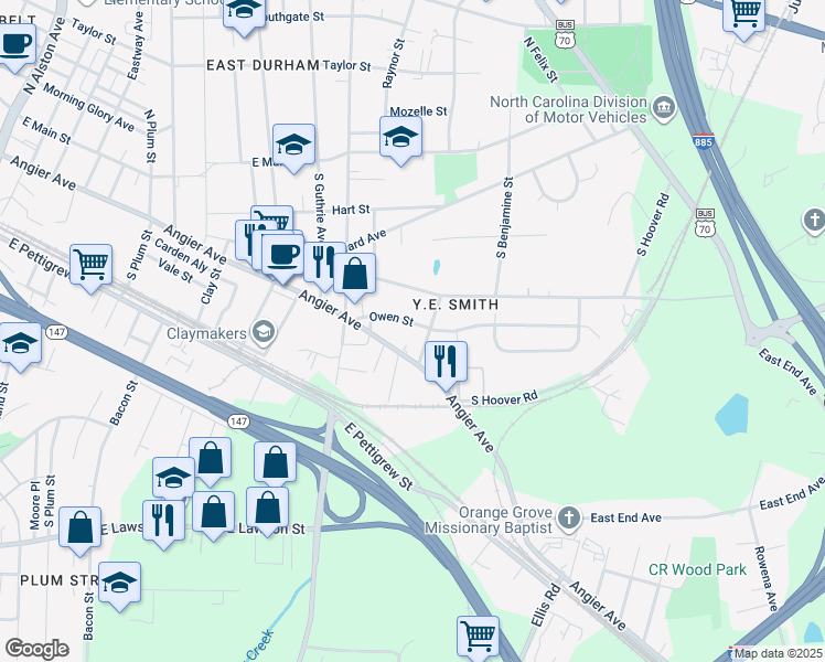 map of restaurants, bars, coffee shops, grocery stores, and more near 2416 Owen Street in Durham