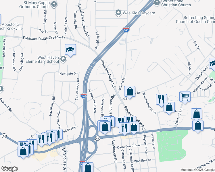 map of restaurants, bars, coffee shops, grocery stores, and more near 3914 Elderwood Road Northwest in Knoxville