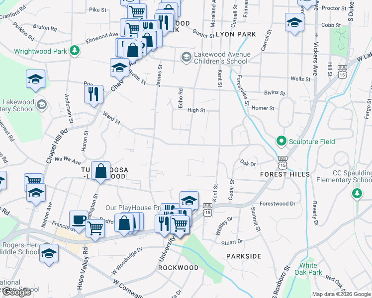 map of restaurants, bars, coffee shops, grocery stores, and more near 1509 Ward Street in Durham