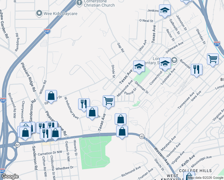 map of restaurants, bars, coffee shops, grocery stores, and more near 2117 Texas Avenue in Knoxville