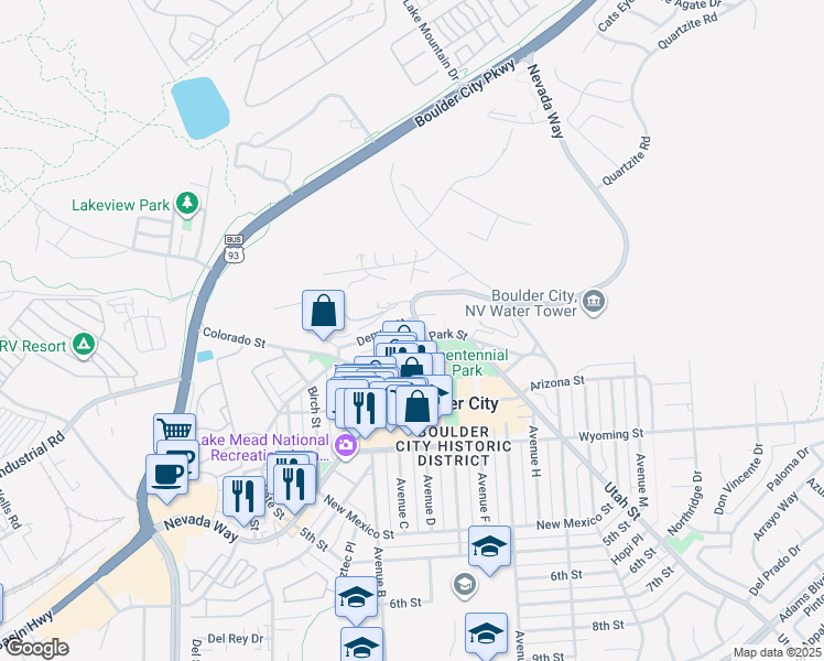 map of restaurants, bars, coffee shops, grocery stores, and more near 304 Nevada Way in Boulder City