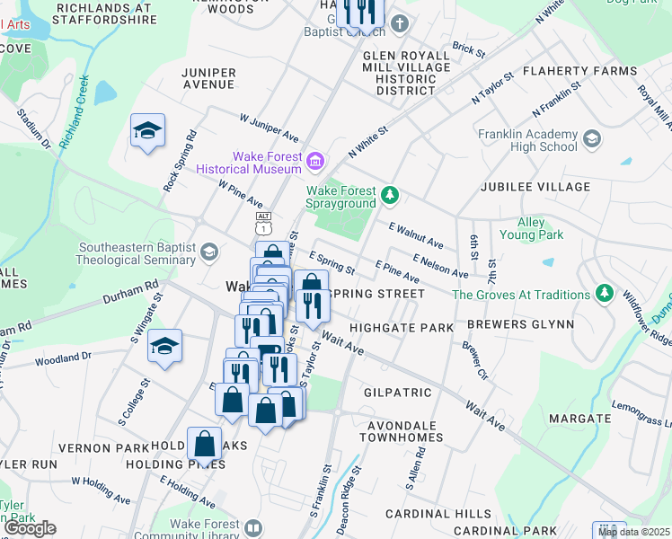 map of restaurants, bars, coffee shops, grocery stores, and more near 219 Caddel Street in Wake Forest