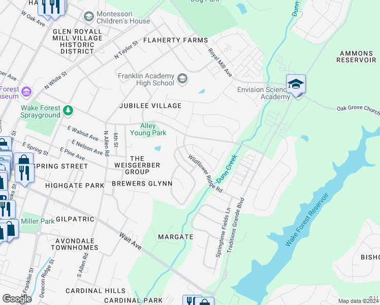 map of restaurants, bars, coffee shops, grocery stores, and more near 817 Wildflower Ridge Road in Wake Forest