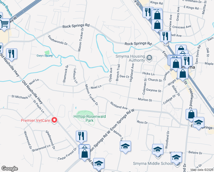 map of restaurants, bars, coffee shops, grocery stores, and more near 121 Noel Lane in Smyrna