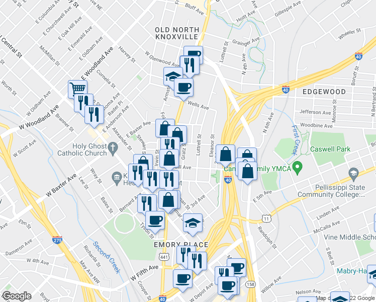 map of restaurants, bars, coffee shops, grocery stores, and more near 930 Gratz St in Knoxville