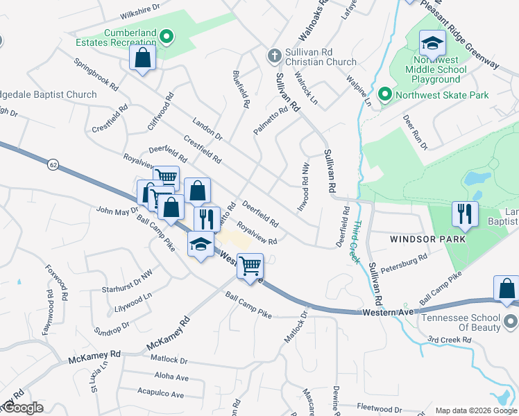 map of restaurants, bars, coffee shops, grocery stores, and more near 4201 Deerfield Road in Knoxville