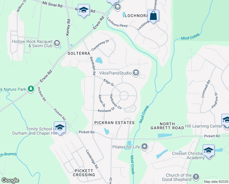map of restaurants, bars, coffee shops, grocery stores, and more near 605 Harkness Circle in Durham