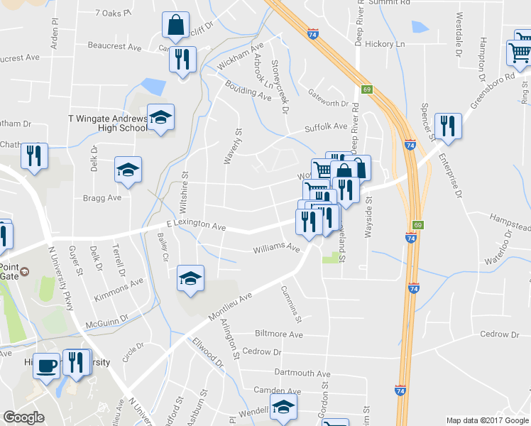 map of restaurants, bars, coffee shops, grocery stores, and more near 2422 Dallas Avenue in High Point