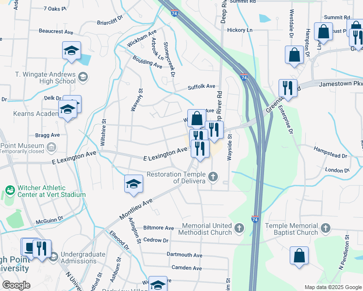 map of restaurants, bars, coffee shops, grocery stores, and more near 2507 East Lexington Avenue in High Point