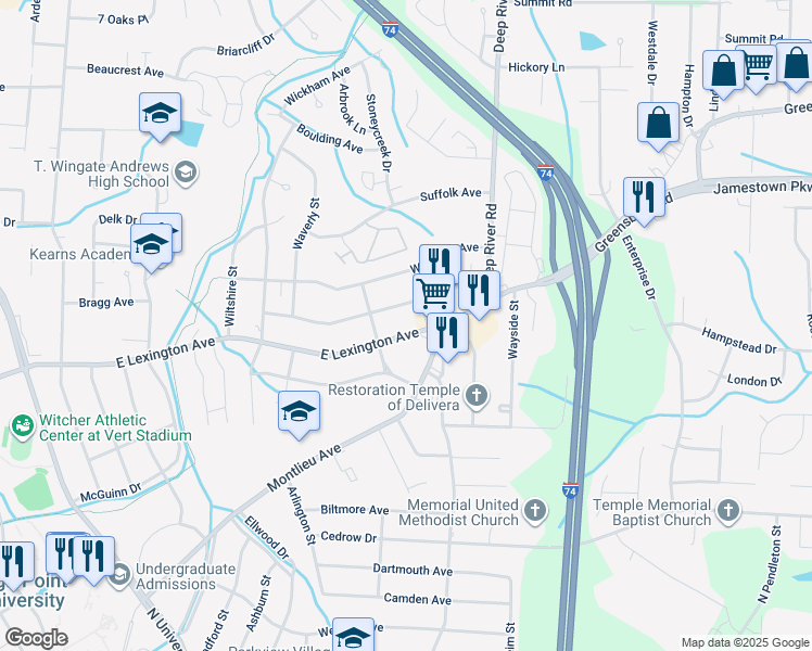 map of restaurants, bars, coffee shops, grocery stores, and more near 2511 East Lexington Avenue in High Point