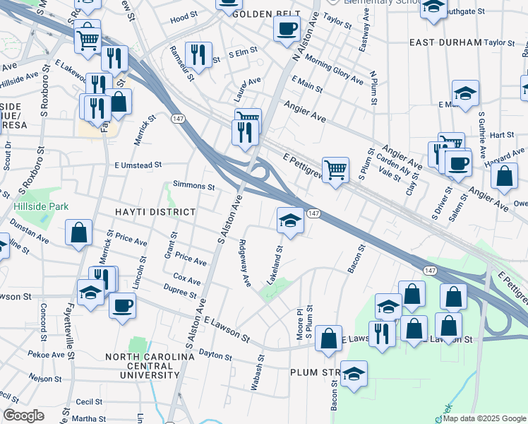 map of restaurants, bars, coffee shops, grocery stores, and more near 427 Potter Street in Durham