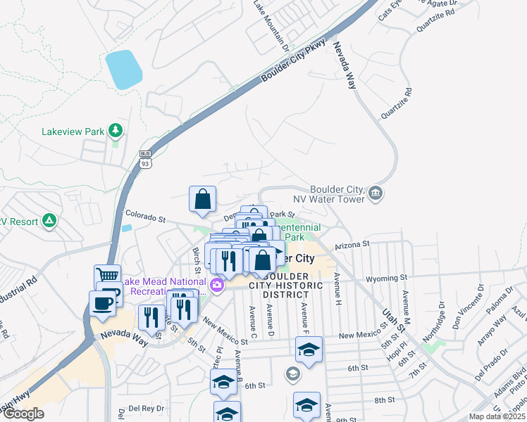 map of restaurants, bars, coffee shops, grocery stores, and more near 304 Nevada Way in Boulder City