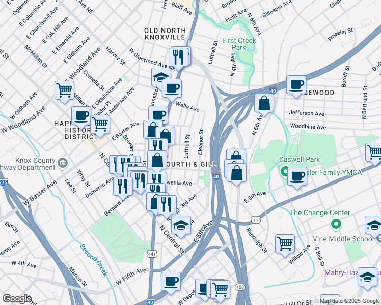 map of restaurants, bars, coffee shops, grocery stores, and more near 930 Luttrell Street in Knoxville