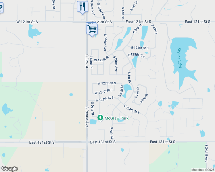 map of restaurants, bars, coffee shops, grocery stores, and more near 12708 South Birch Place in Jenks