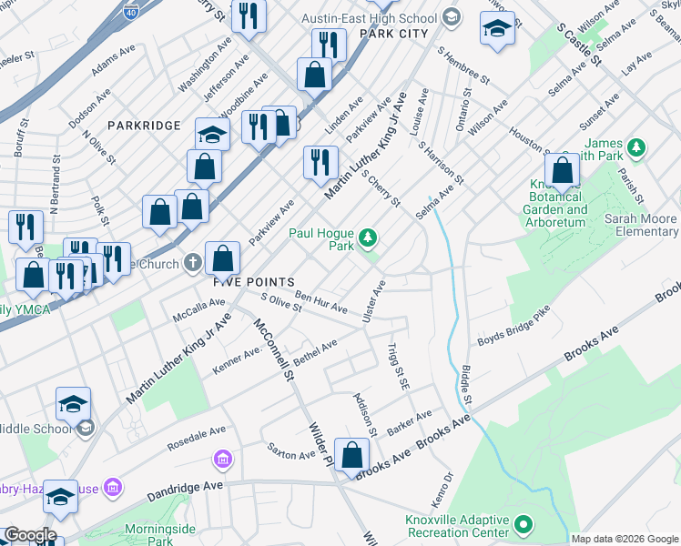 map of restaurants, bars, coffee shops, grocery stores, and more near 2437 Selma Avenue in Knoxville