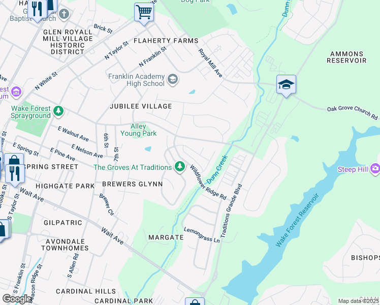 map of restaurants, bars, coffee shops, grocery stores, and more near 828 Conifer Forest Lane in Wake Forest