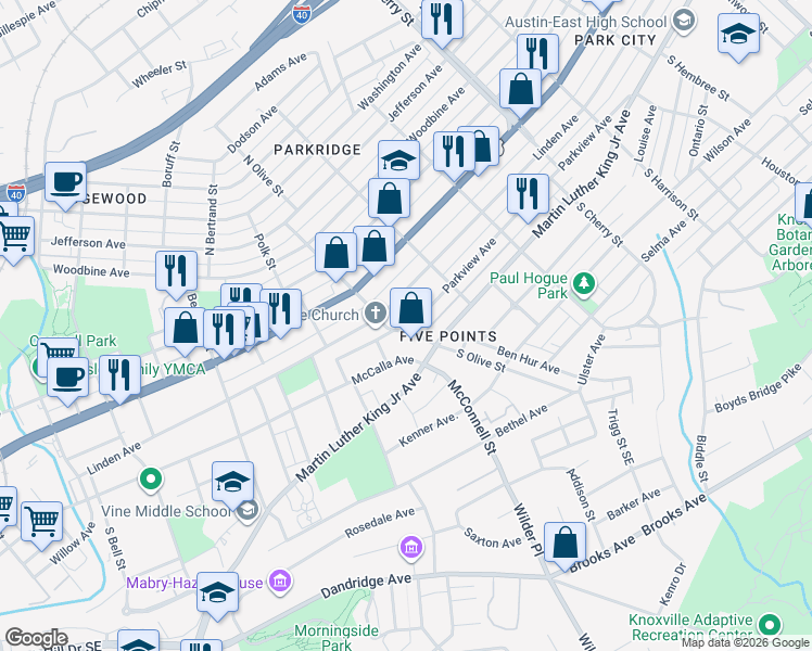 map of restaurants, bars, coffee shops, grocery stores, and more near 2306 Parkview Avenue in Knoxville
