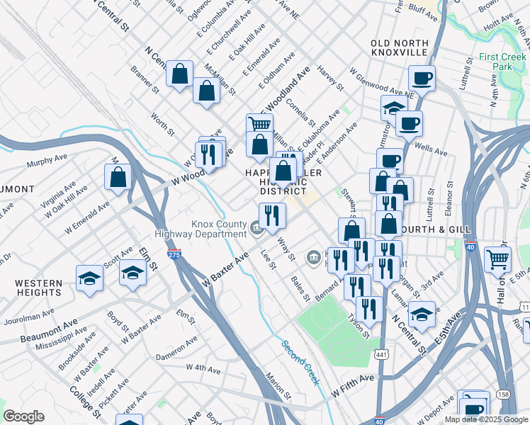 map of restaurants, bars, coffee shops, grocery stores, and more near 145 West Anderson Avenue in Knoxville
