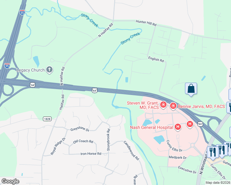 map of restaurants, bars, coffee shops, grocery stores, and more near U.S. 64 in Rocky Mt