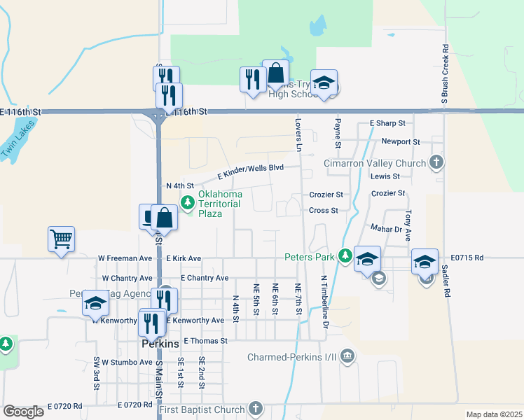 map of restaurants, bars, coffee shops, grocery stores, and more near 607 East Kinder/Wells Boulevard in Perkins