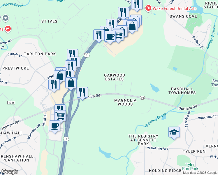 map of restaurants, bars, coffee shops, grocery stores, and more near 804 Durham Road in Wake Forest