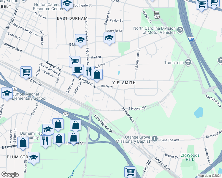 map of restaurants, bars, coffee shops, grocery stores, and more near 2416 Owen Street in Durham