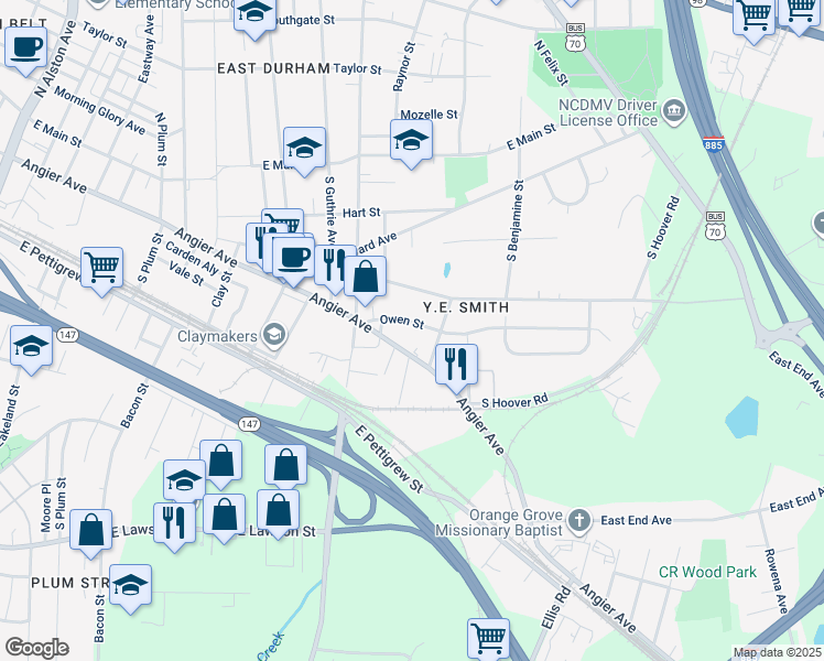 map of restaurants, bars, coffee shops, grocery stores, and more near 2416 Owen Street in Durham