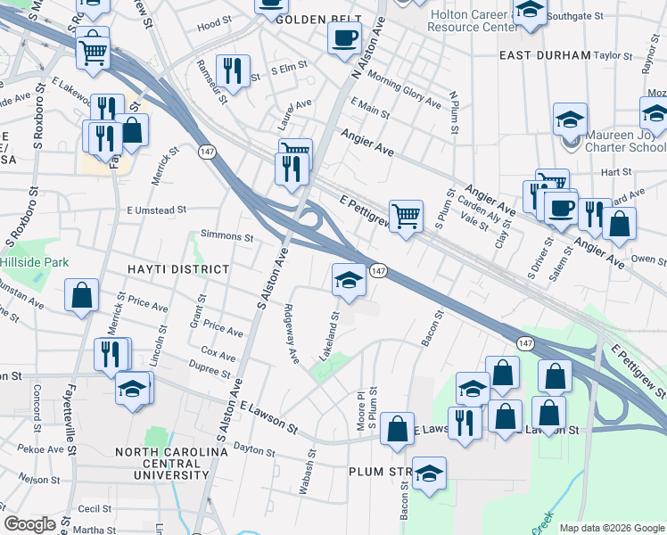 map of restaurants, bars, coffee shops, grocery stores, and more near 422 Lakeland Street in Durham