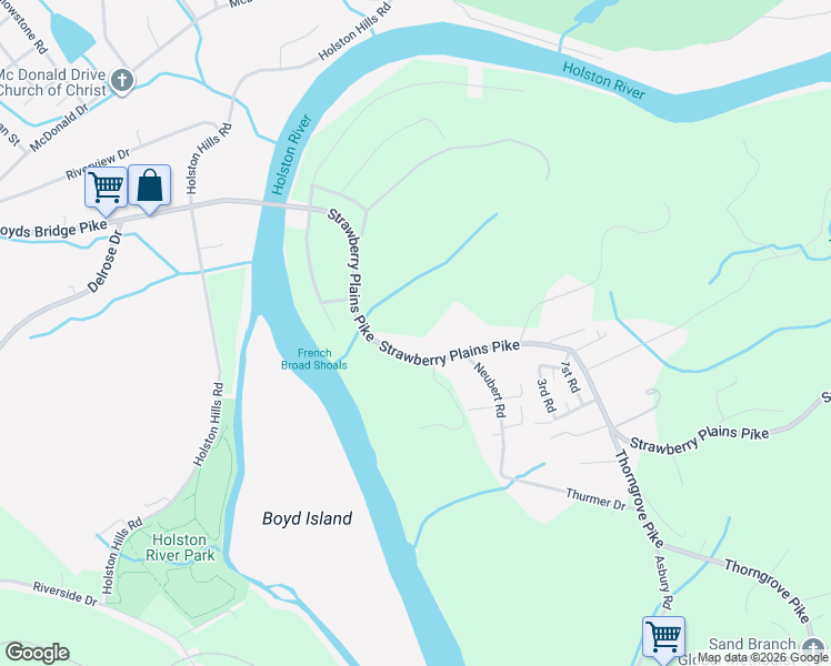 map of restaurants, bars, coffee shops, grocery stores, and more near 4405 Strawberry Plains Pike in Knoxville
