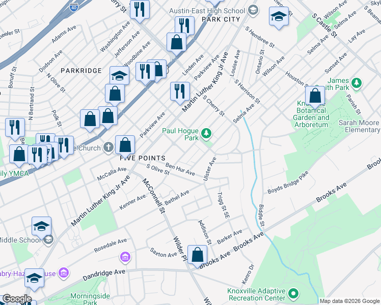 map of restaurants, bars, coffee shops, grocery stores, and more near 2437 Selma Avenue in Knoxville