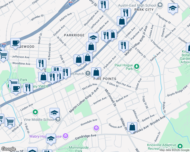 map of restaurants, bars, coffee shops, grocery stores, and more near 2306 Parkview Avenue in Knoxville