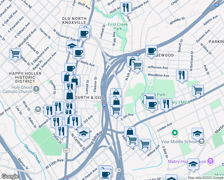 map of restaurants, bars, coffee shops, grocery stores, and more near 838 North 4th Avenue in Knoxville