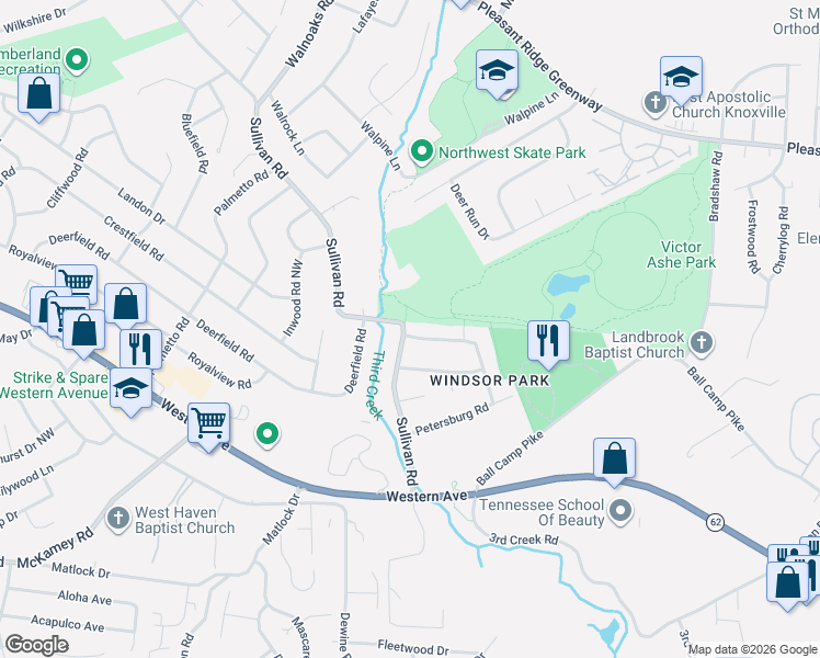 map of restaurants, bars, coffee shops, grocery stores, and more near 4917 Gettysburg Road in Knoxville