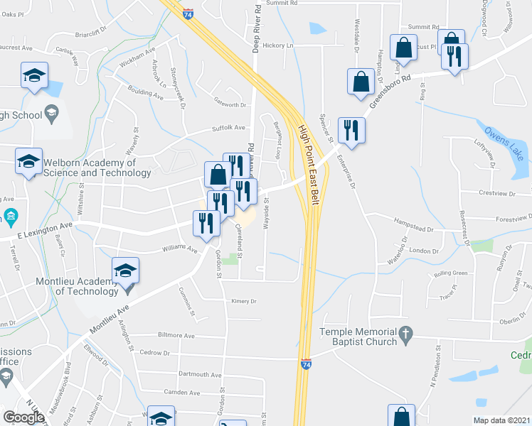 map of restaurants, bars, coffee shops, grocery stores, and more near 1147 Wayside Street in High Point