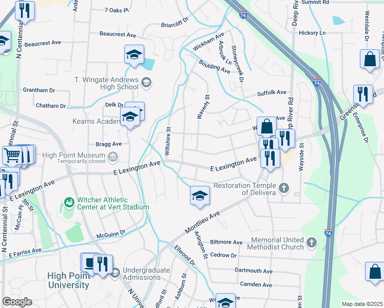 map of restaurants, bars, coffee shops, grocery stores, and more near 2306 Dallas Avenue in High Point