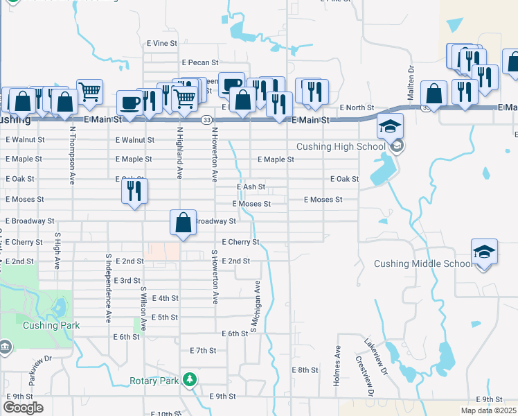 map of restaurants, bars, coffee shops, grocery stores, and more near 1311 East Moses Street in Cushing