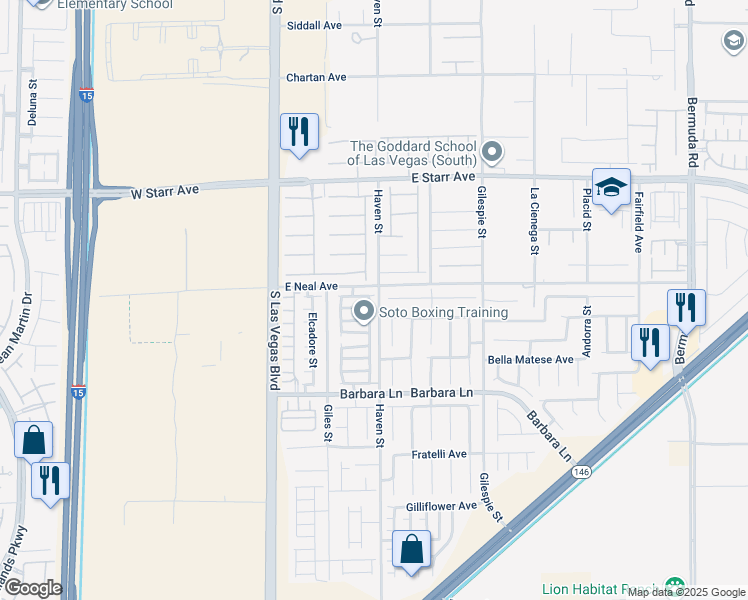 map of restaurants, bars, coffee shops, grocery stores, and more near 11516 Kindsland Street in Las Vegas