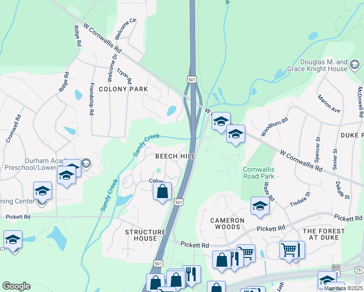map of restaurants, bars, coffee shops, grocery stores, and more near 13 Creekview Lane in Durham