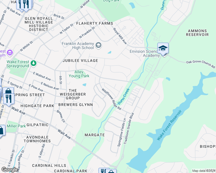 map of restaurants, bars, coffee shops, grocery stores, and more near 828 Conifer Forest Lane in Wake Forest